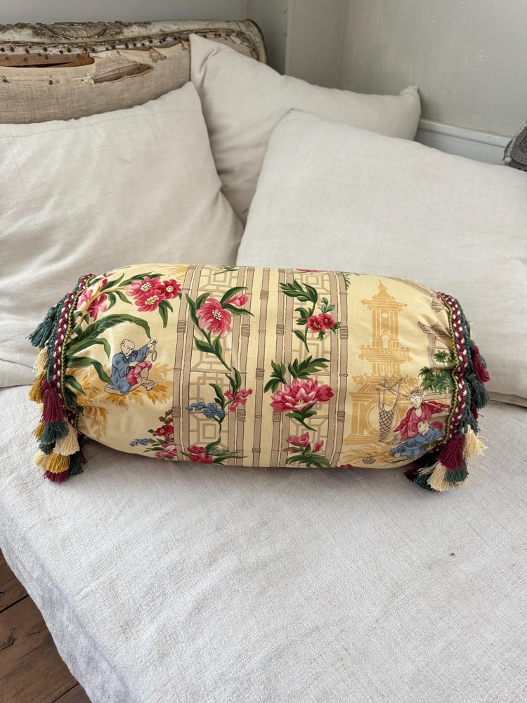 Vintage French Chinoiserie Bolster Pillow 19x9 Pink Peonies Pagodas Bamboo Trelis Design