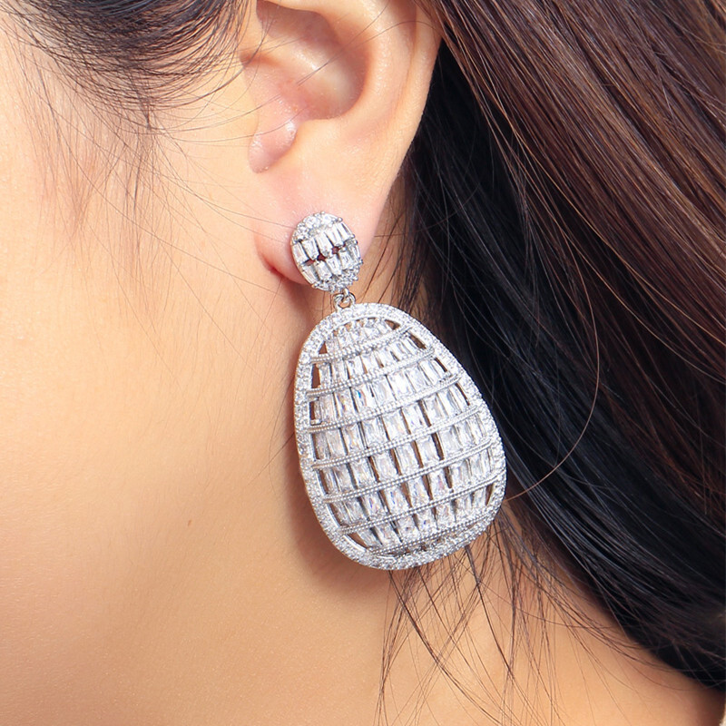 Dazzling Cubic Zirconia Big Earrings Silver Plated Long Geometrical Drop Jewelry