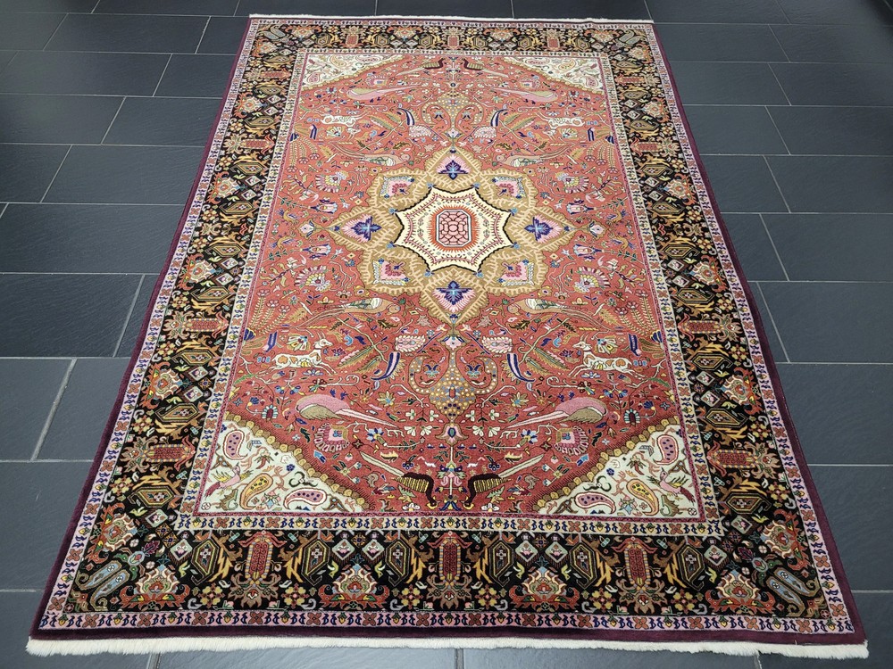 Tabriz Rug Cork Wool Silk Medallion Animal Print Fine Knotting