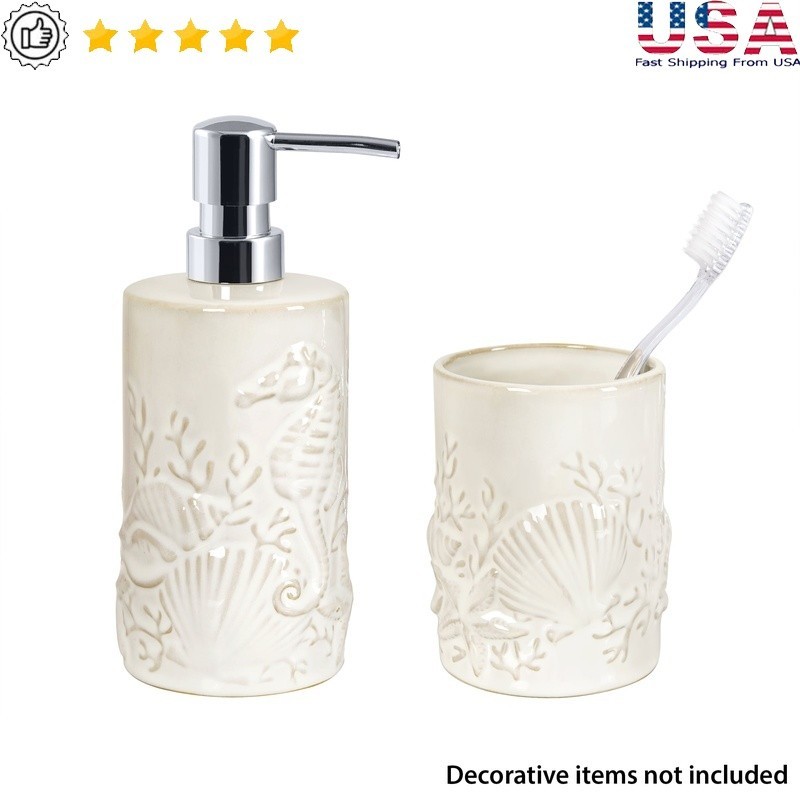 Coastal Ceramic Bath Accessory Set Soap Pump Toothbrush Holder Under Sea Decor
