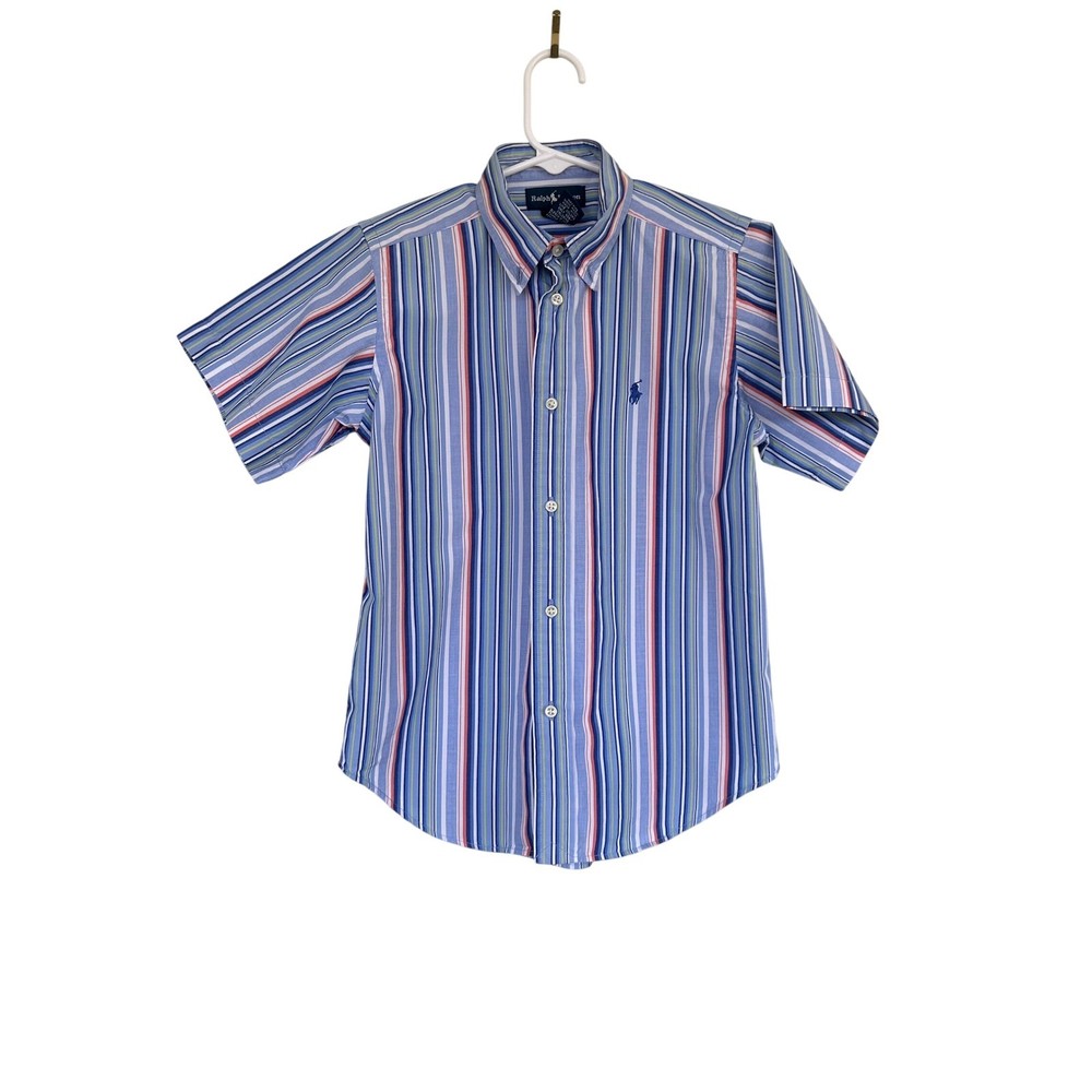 Ralph Lauren Button Down Shirt Boys 7 Blue Multi Stripe Short Sleeve Pony Logo