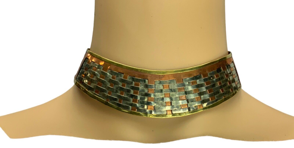 Egyptian Choker, Solid Weaved Copper, Brass & Silver Tone, Vintage, 12