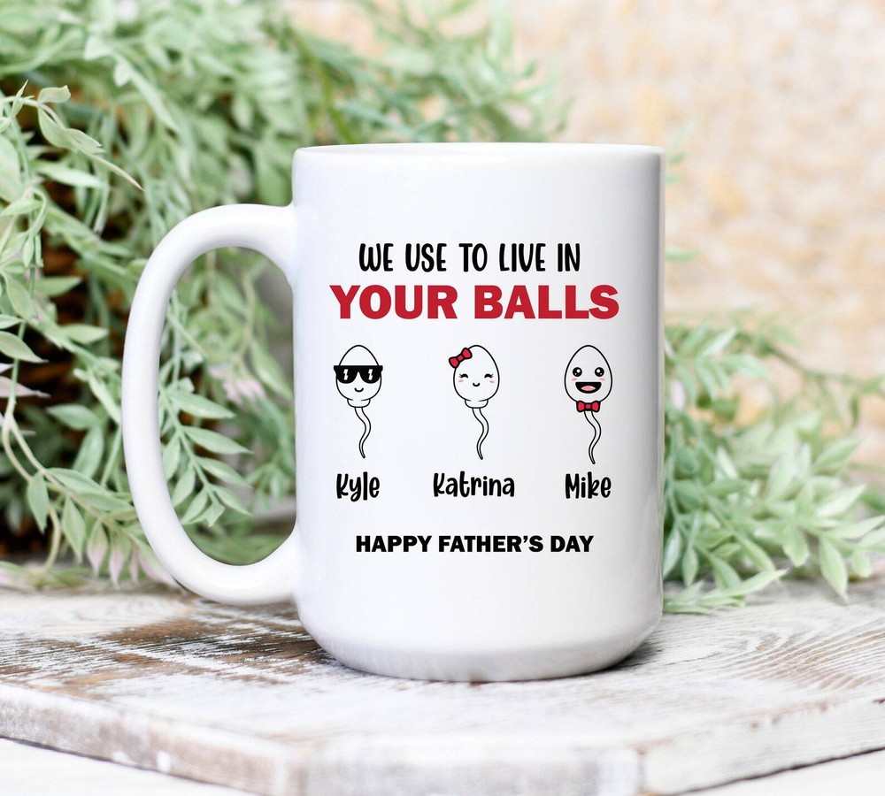 Custom Funny Dad Mug - We Used To Live In Your Balls - Fathers Day Gift Idea