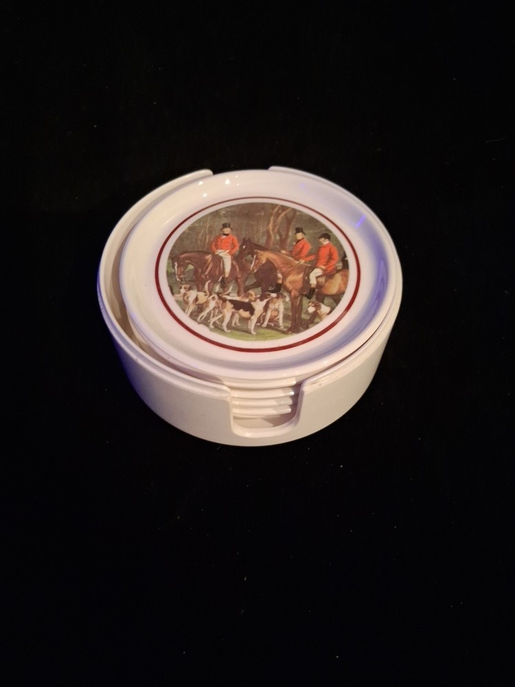 Vintage English Hunt Scene Melamine Coaster Set with Holder - 6 Pcs - New/Other