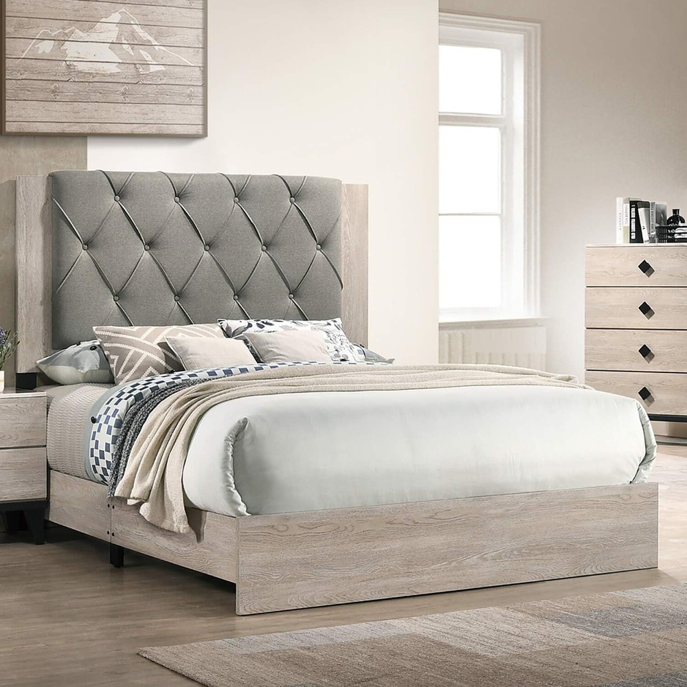 Gray Tufted Queen Bed Cream Finish Contemporary Bedroom Furniture