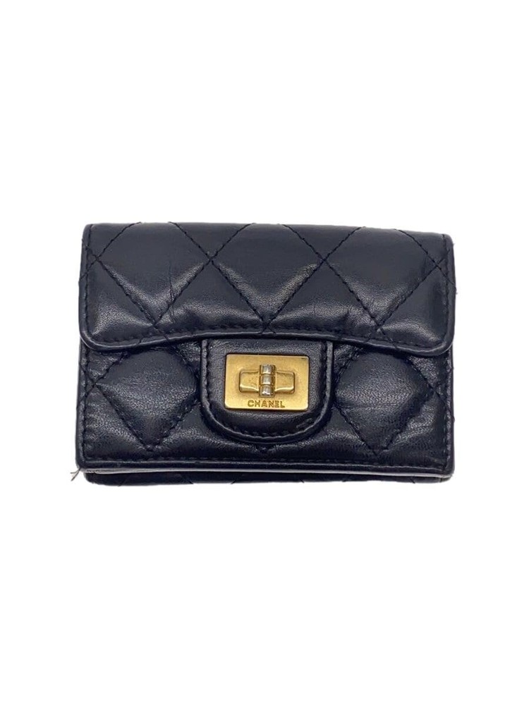 CHANEL 2.55 Matelassé Mademoiselle Lock Black Leather Compact Wallet Pre-Owned