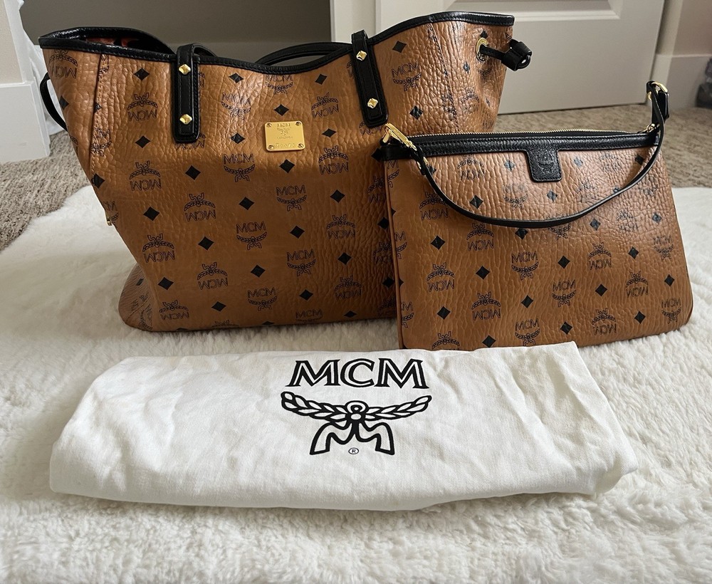 MCM Liz Large Reversible Brown Shopper Tote Bag With Pouch
