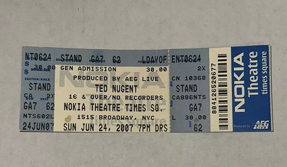 6/24/07 Ted Nugent Rock Concert Music Ticket Stub Nokia Theatre Times Square NYC