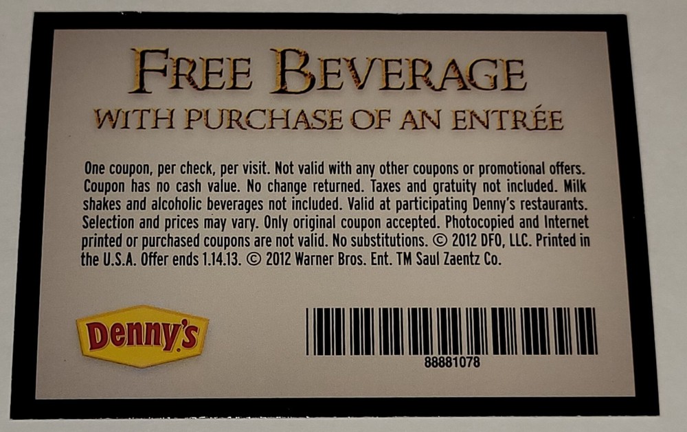 2012 Denny's Hobbit An Unexpected Journey Free Drink Coupon No Longer Valid-image