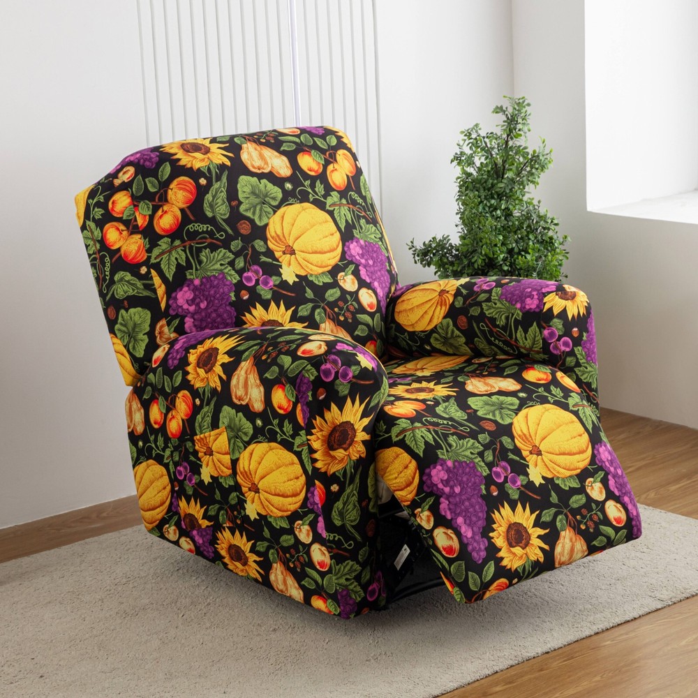 Printed stretch recliner cover, side pockets, home decor protection, stylish