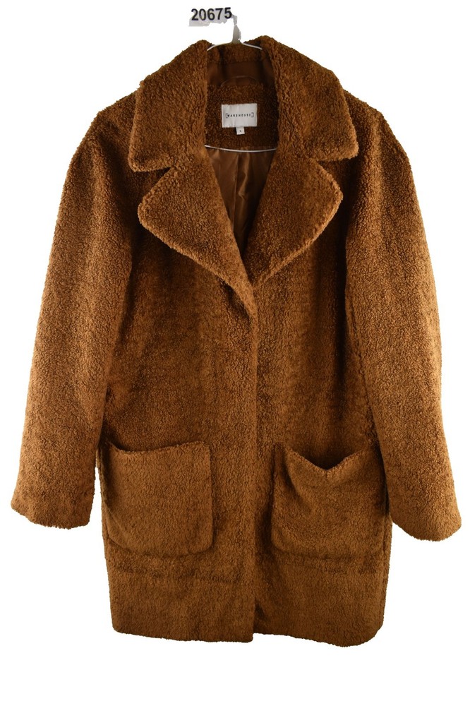 WAREHOUSE Brown Teddy Bear Coat size Uk 8 Womens Overcoat Long Casual Outdoors