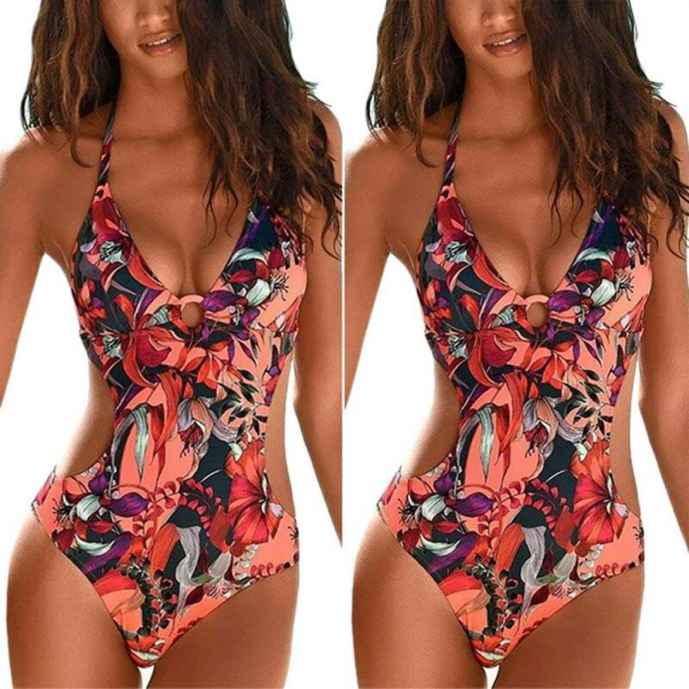 Women One Piece Floral Bikini Cut Out Backless Monokini Swimsuit Beach Holiday