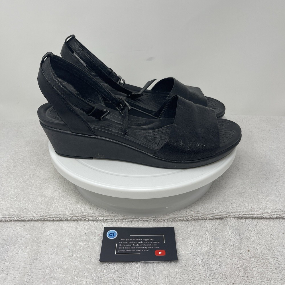Crocs 204732 Leigh Ann Leather Mini Wedge Black Sandals Size 9 Ankle Strap Heels