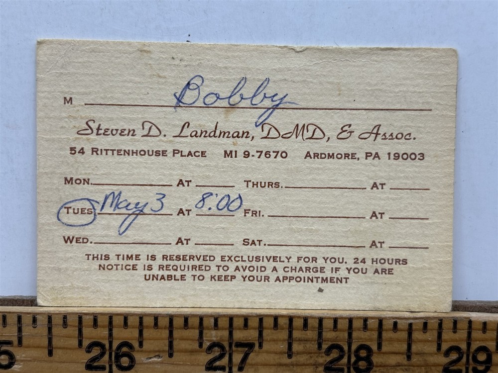 1970s Steven Landman Doctor Appointment Card Ardmore PA Vintage