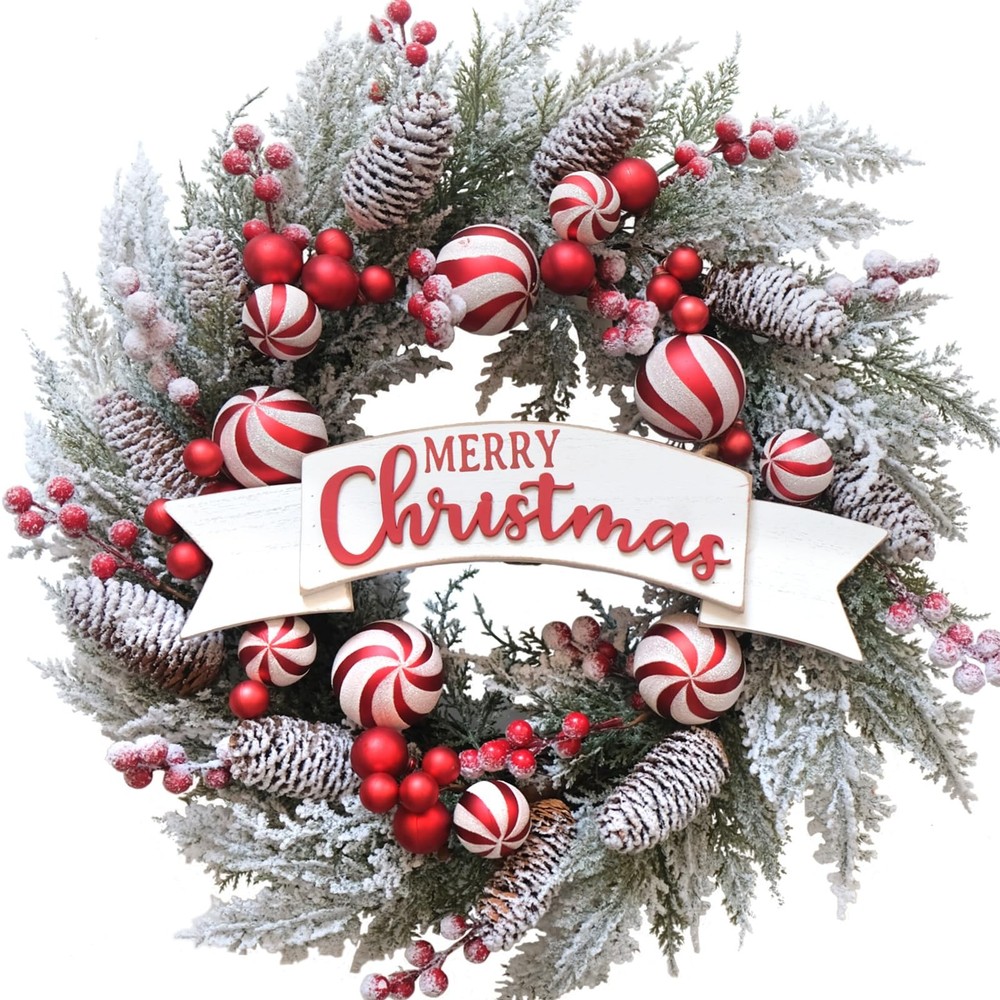 24-Inch Frosted Berry Christmas Wreath with Decorative Balls for Front Door