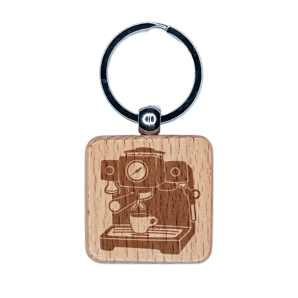Espresso Machine Coffee Engraved Wood Square Keychain Tag Charm