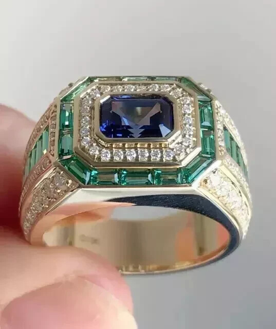6Ct Simulated Tanzanite & Emerald CZ Pinky Ring in 925 Sterling Silver