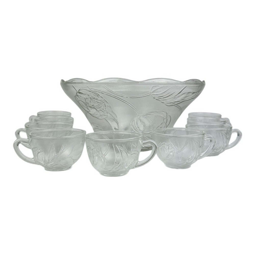 Vintage KIG Indonesia Tulip Design Pressed Glass Punch Bowl Set