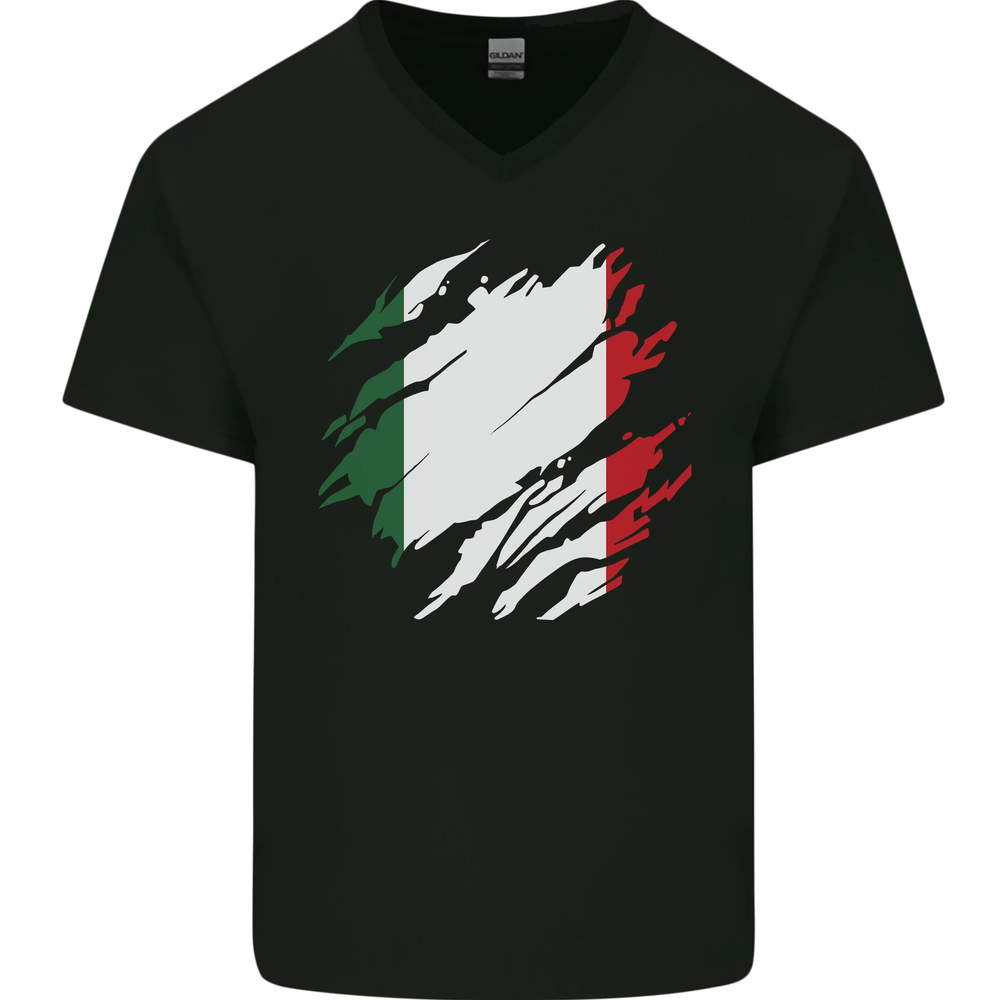 Torn Italy Flag Football Fan T-Shirt for Men Italian Pride Cotton V-Neck