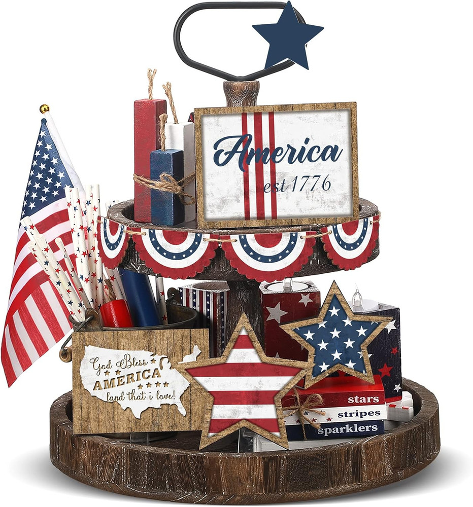 13 Pcs Memorial Day Decorations American 4Th of July Patriotic Tiered Tray Decor