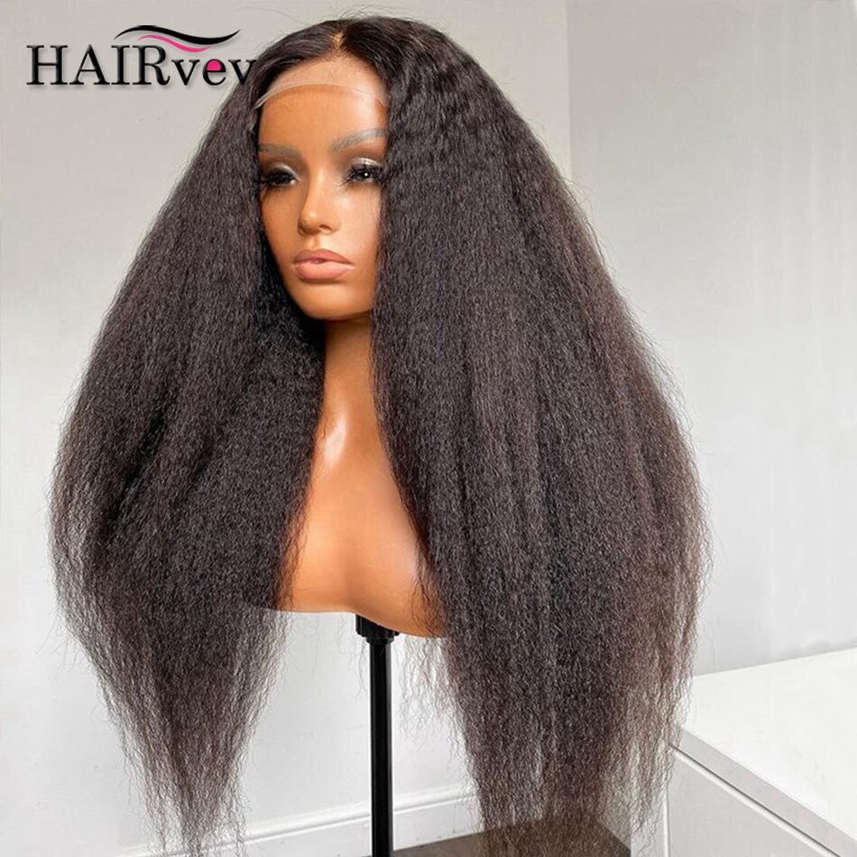 Kinky Straight Glueless HD Lace Front Wig Pre Plucked Human Hair