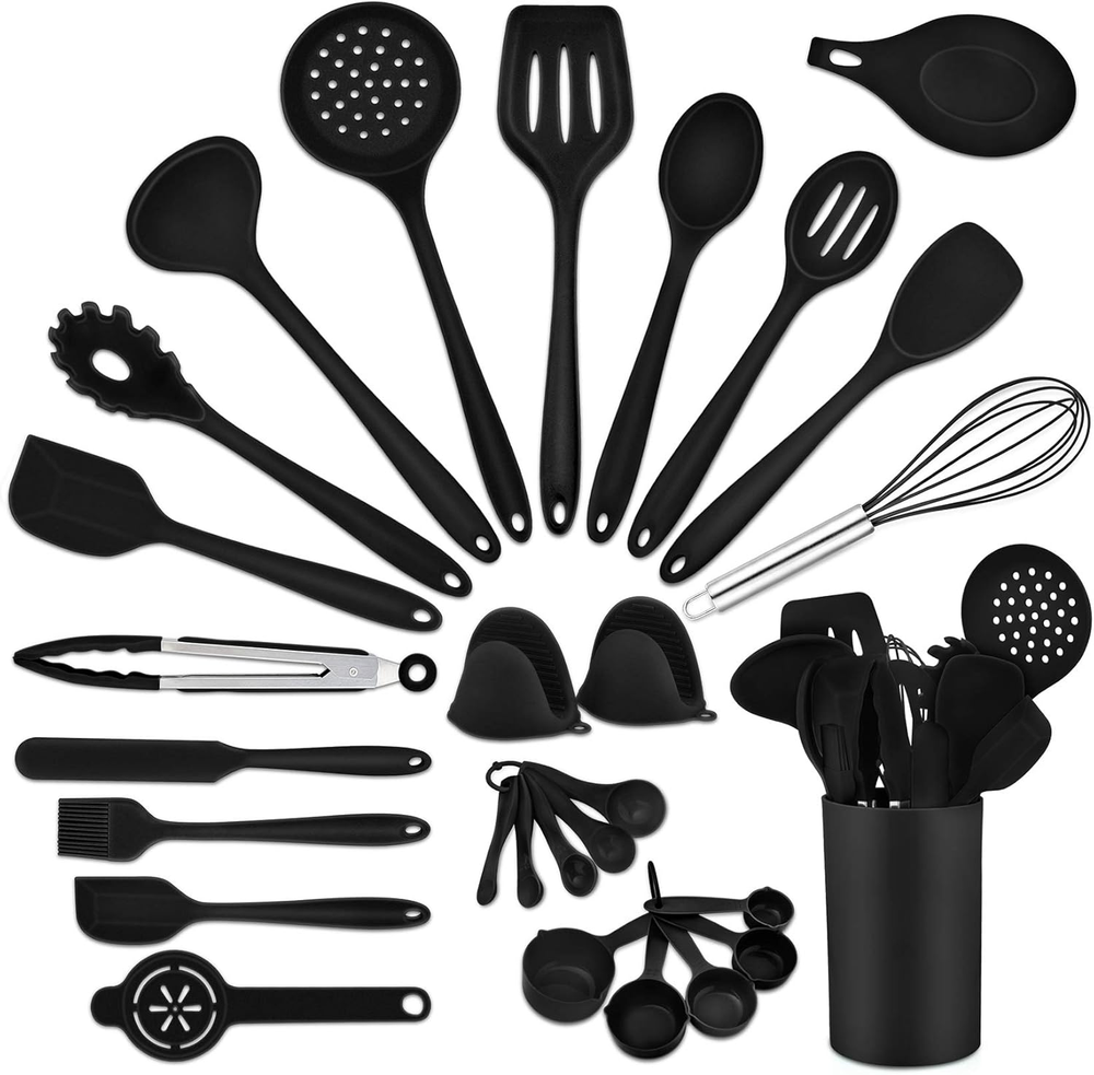 Black Kitchen Utensils Silicone Cooking Utensil Set,  28Pcs Baking Utensils Spat