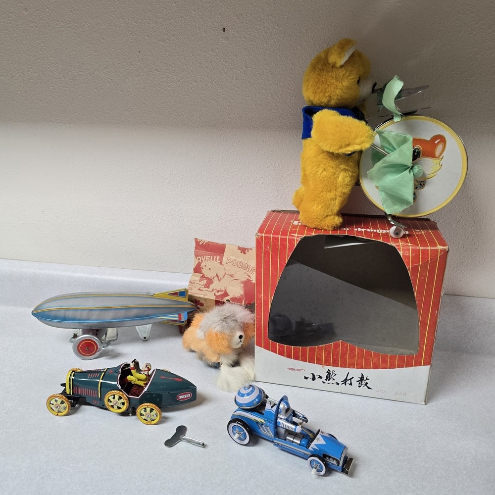 Vintage Zeppelin Blimp with Playful Poodle and 2 Race Cars Battery Bear Windup Toy Set of 5