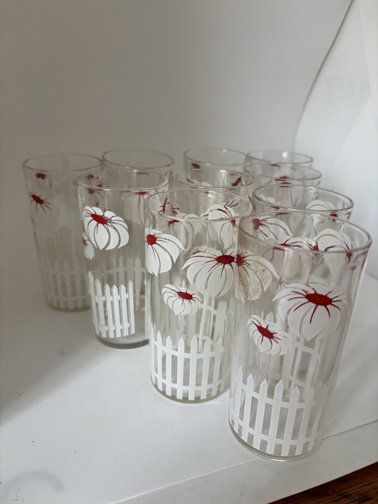 Vintage MCM Red and White Floral Drinking Glasses Barware Set of 10