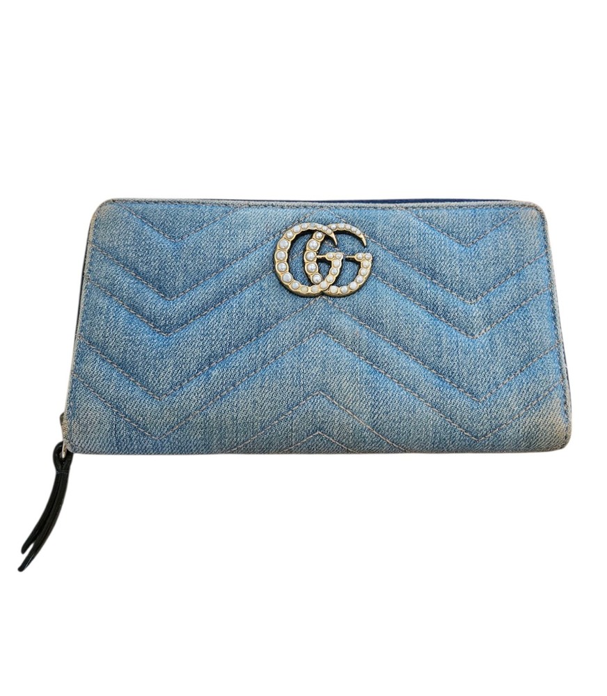 Gucci Marmont Continental Zip Wallet in Denim with Pearl GG Logo