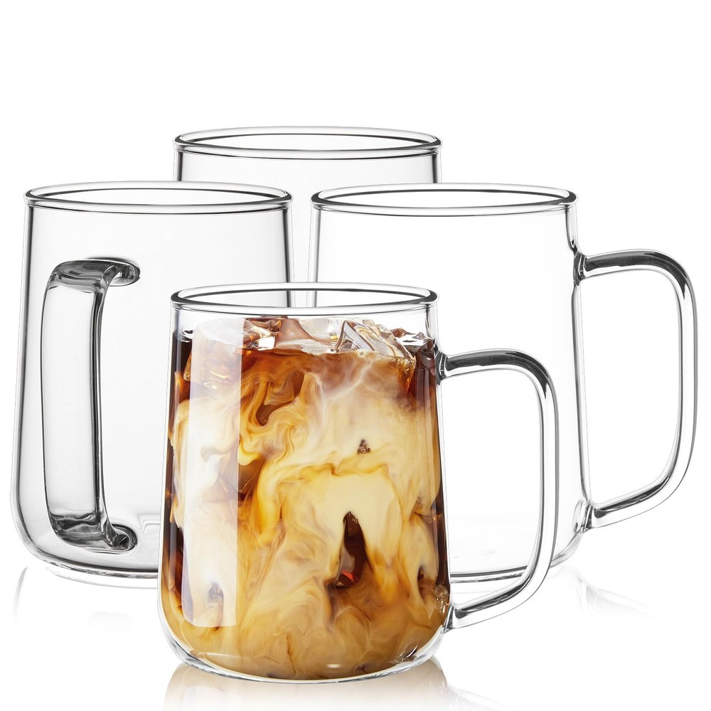 Glass Coffee Mugs, 16 oz Glass Coffee Cups Set of 4, Clear Borosilicate Glass...