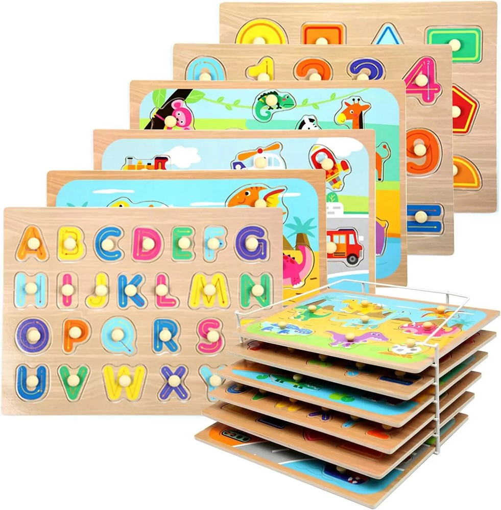 Toddler Wooden Peg Puzzles Set with Rack - Educational Toys for Ages 2-4