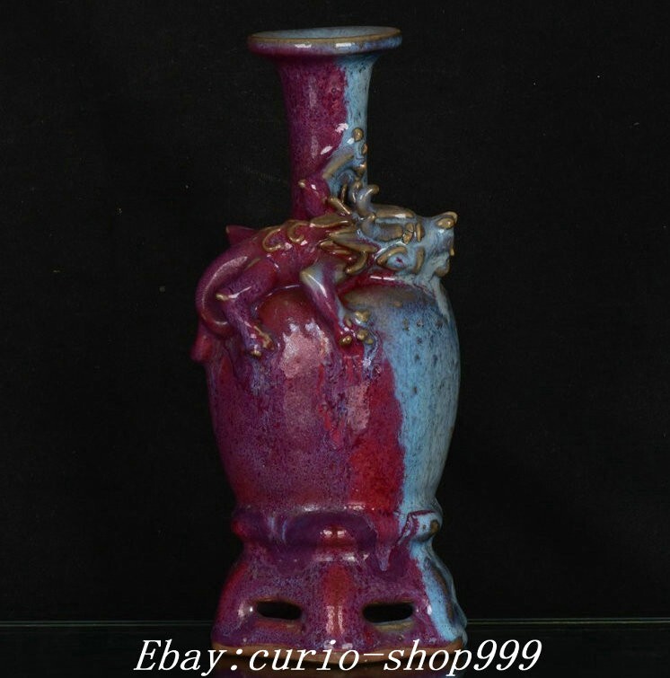 9-Inch Old Dynasty Jun Kiln Porcelain Fengshui Dragon Beast Animal Bottle Vase for Home Decor