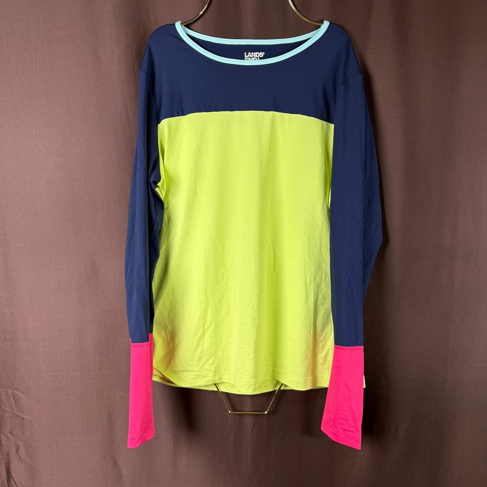 Lands' End Women's S Long Sleeve UPF 50 Rash Guard Crew Neck Yellow/Navy/Pink