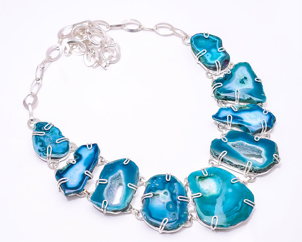 Natural Ocean Blue Agate Drusy Gemstone 925 Silver Necklace Adjustable 21-23