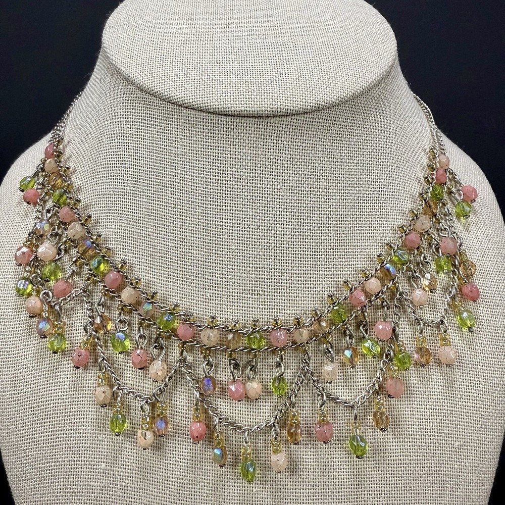 Pink Green AB Stone Beaded Lace Design Victorian  Choker  Necklace  Silver Tone