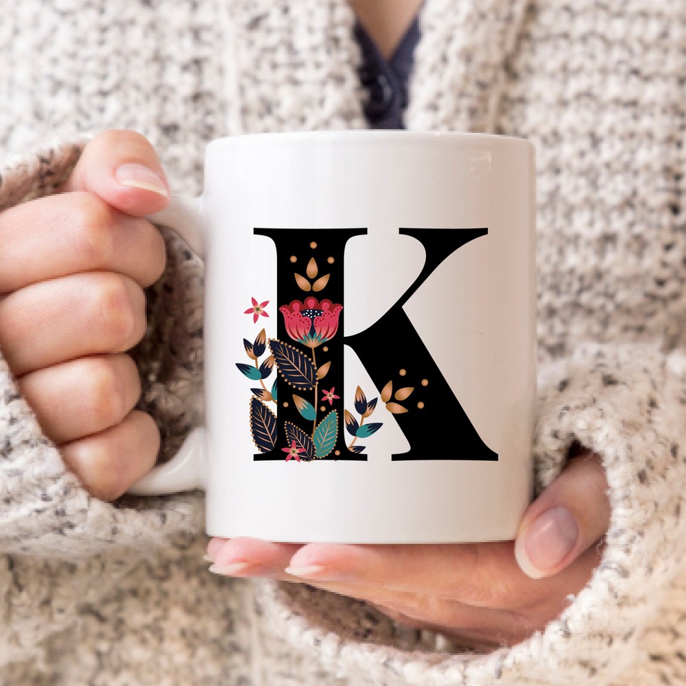 Monogrammed K Letter Folk Art Coffee Mug - Perfect Christmas Gift for a Friend  