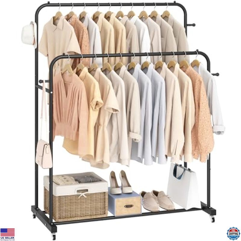 Double Rod Rolling Garment Rack with 4 Hooks and Wheels-image