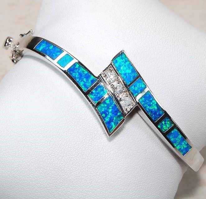 Australian Opal Inlay & Topaz 925 Sterling Silver Bangle Bracelet Jewelry OX7