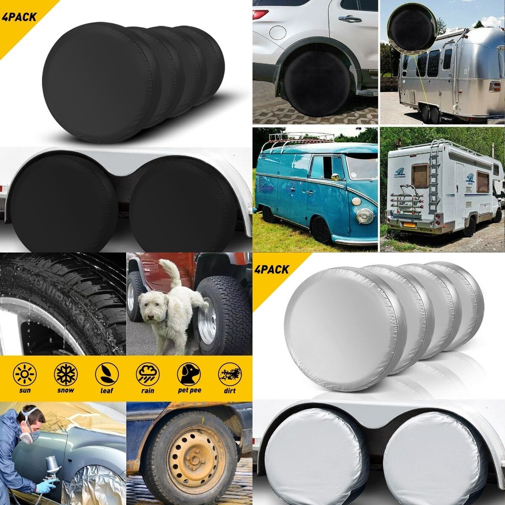 Waterproof Tire Cover Wheel Tyre RV Trailer Camper Sun Protector Black/Silver M