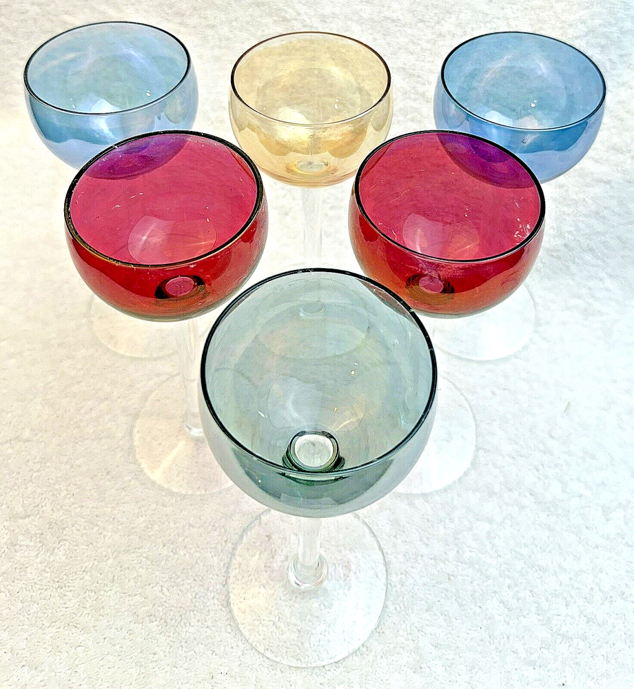 Vintage Harlequin Set of 6 Slim Stem Wine Cordial Glasses Retro Style