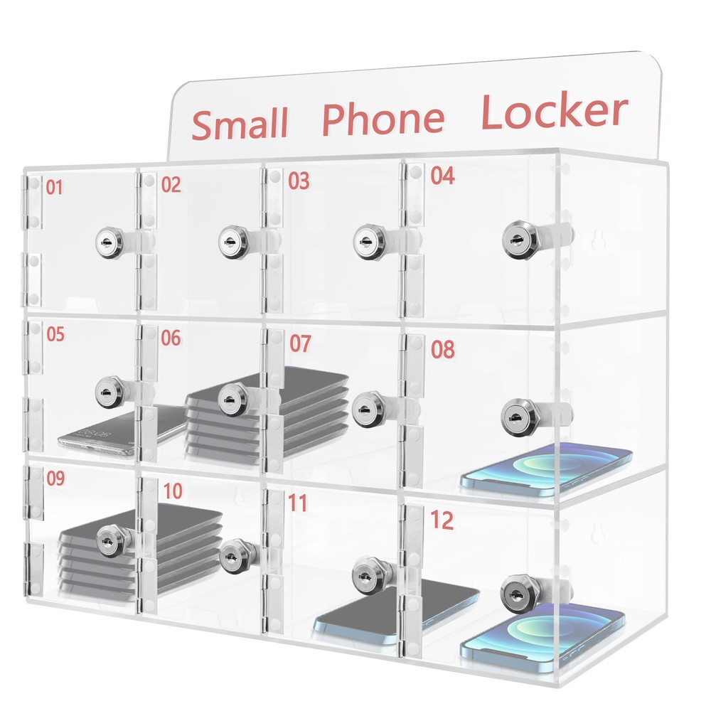 Modern 12 Slots Acrylic Cell Phone Locker Box Storage Cabinet Pocket w/Key Clear