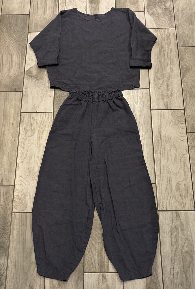 LO Len Ok Set Women’s Small 100% Linen Pull On Balloon Pants And 3/4 Sleeve Top