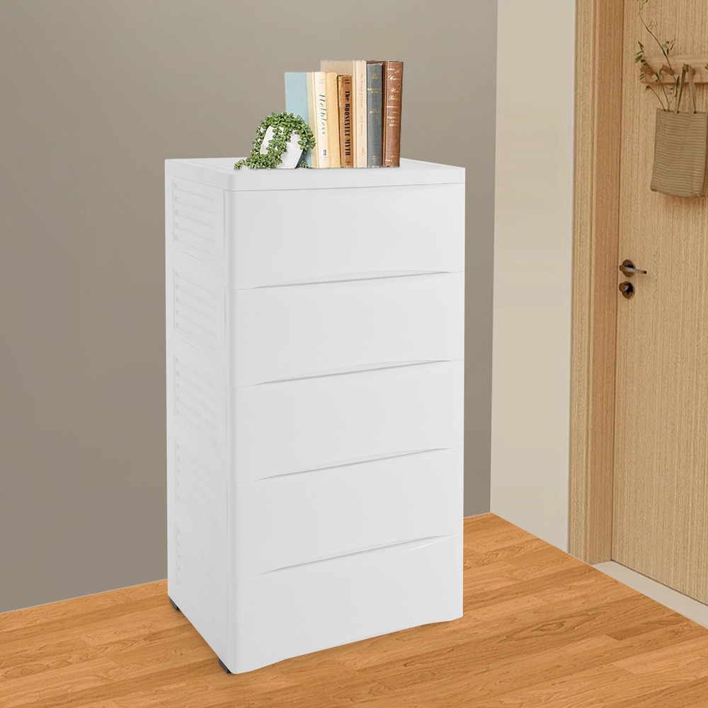5-Tier White Storage Dresser with Drawers for Bedroom Organization