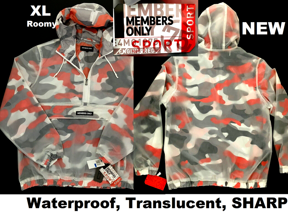 Men's XL Members Only Camo Lined Waterproof Hooded Rain Jacket Orange & Black-image