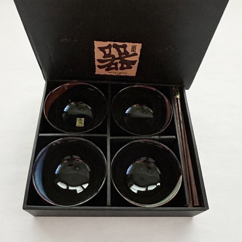 Kafuh Japan Black Lacquer Bowl Set NEW In Box 4 Soup Rice Bowls w Chopsticks