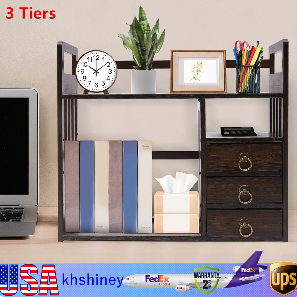 Bamboo Desktop Bookshelf Storage Rack with 3 Drawers for Office or Home Organization US