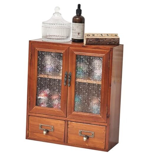 Geometric Motif Mahogany Storage Cabinet with Floral-Embossed Pressed Glass