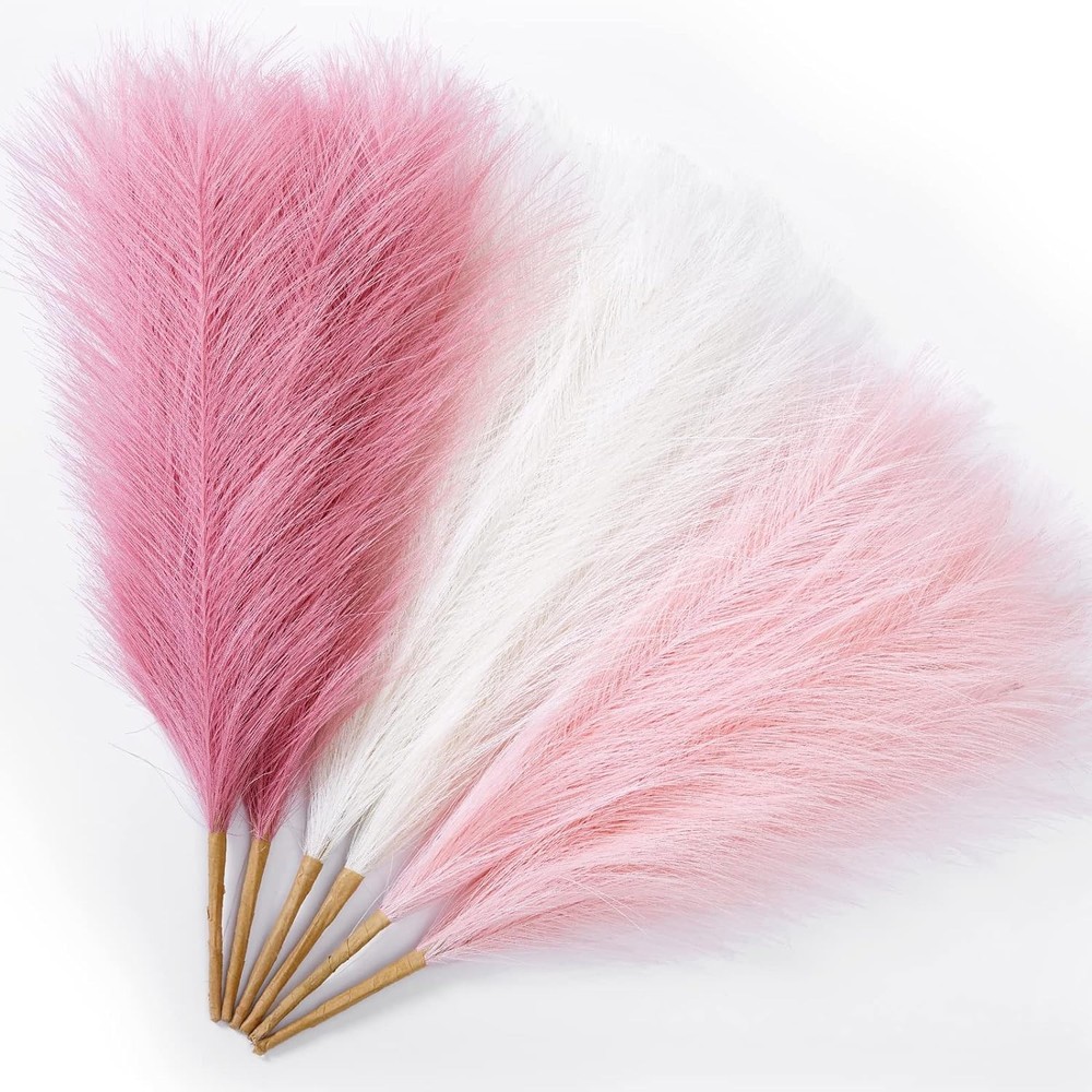 Pink and Cream Pampas Grass Decor Set of 6 Stems 17.7 Inches by Serwalin
