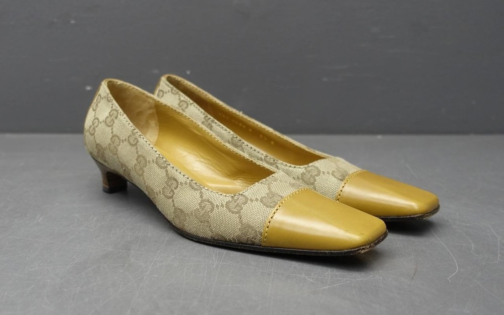 GUCCI Supreme GG Monogram Tan Leather Kitten Heel Sz 5.5