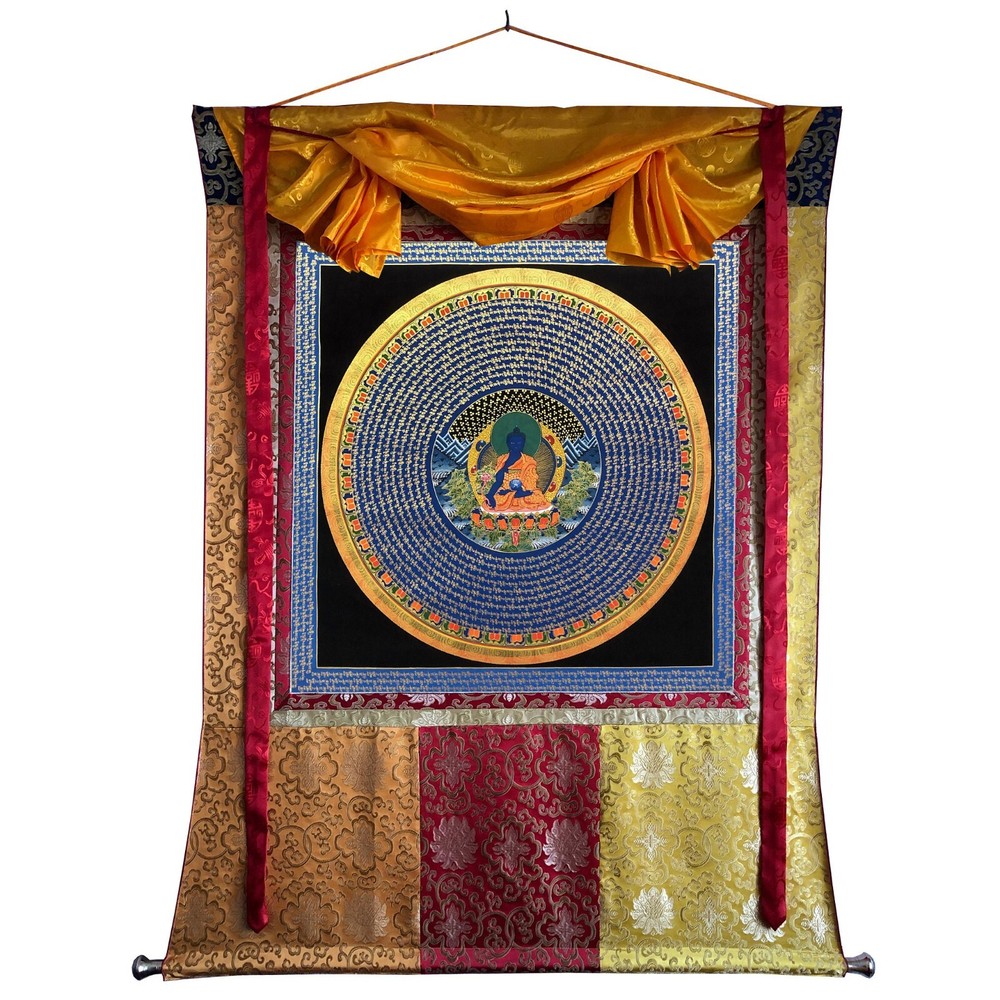 Silk Brocade Mounted Medicine Buddha Mantra Thangka Mandala Art